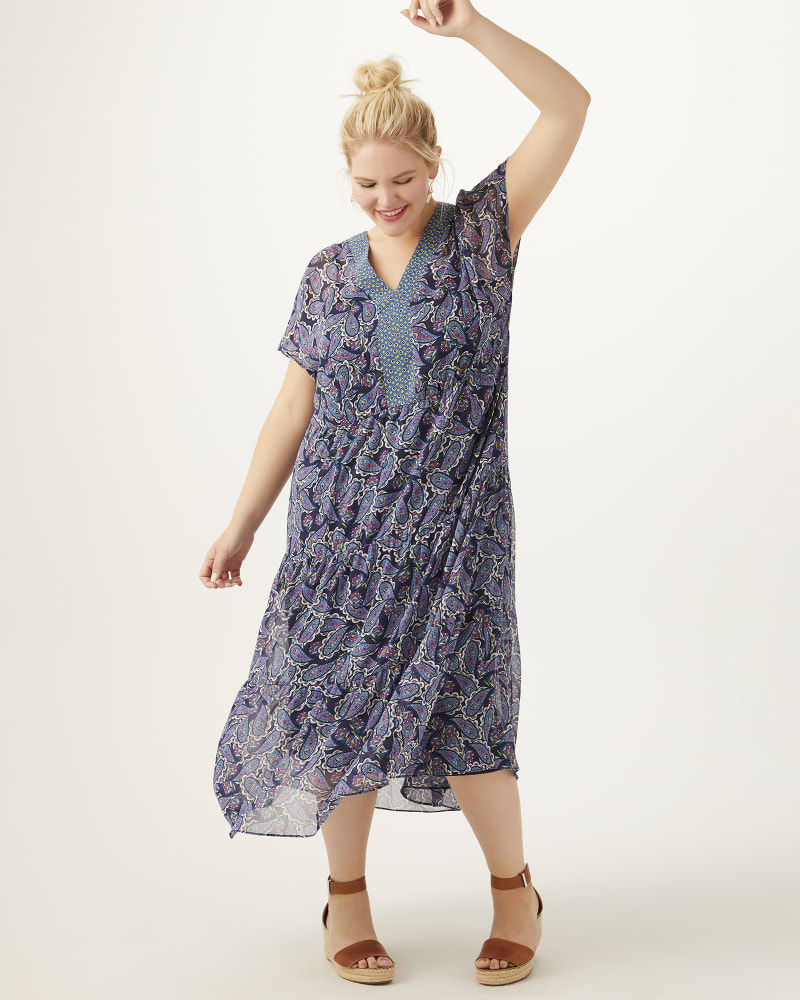 Plus size model with pear body shape wearing Isabel V-Neck Tiered Maxi Dress by Adorned | Dia&Co | dia_product_style_image_id:163096